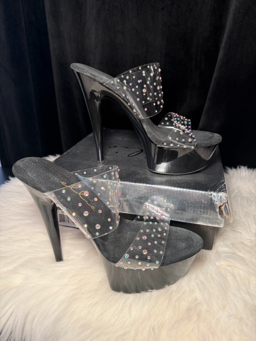 Ellie Black Platform Heels with Iridescent Crystal Straps - Picture 9 of 12